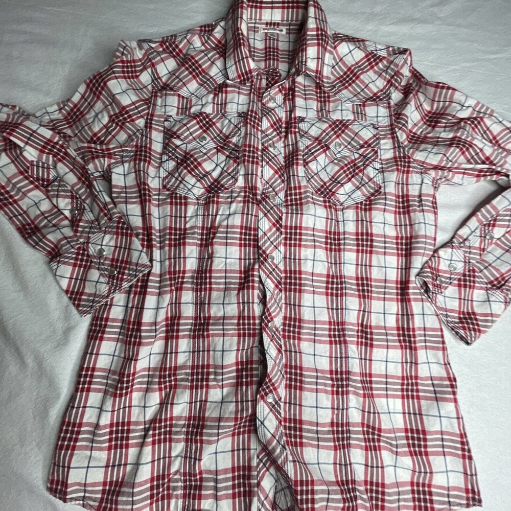True Religion Men L Red White long sleeve shirt striped western rodeo pearl snap